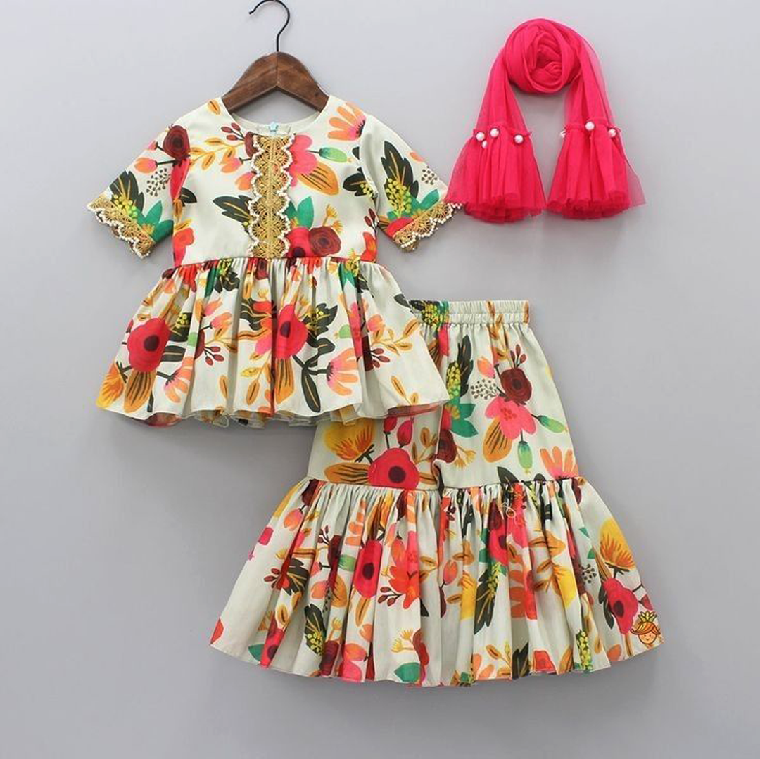 Vibrant Blossom Ensemble: Multicolor Floral Full sleeve tops with Sharara And Matching Dupatta 1908