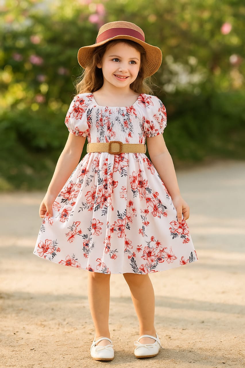 Flower Gown Elegant Floral Fit & Flare Summer Dress for Girls with Belt 1725