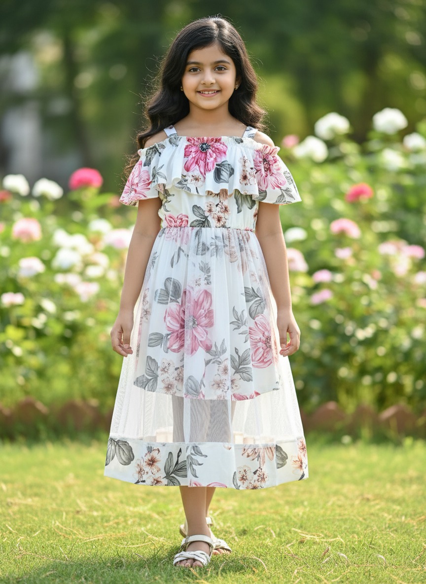 Flower Gown Elegant Floral Fit & Flare Cold Shoulder Ruffle Trim Contrast Mesh Party Dress For Baby Girls 1729