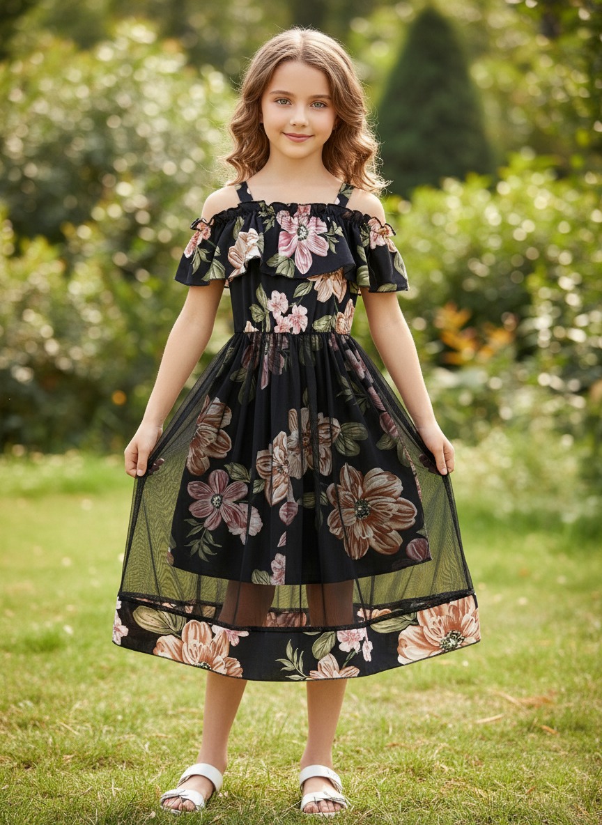 Flower Gown Elegant Floral Fit & Flare Cold Shoulder Ruffle Trim Contrast Mesh Party Dress For Baby Girls 1730