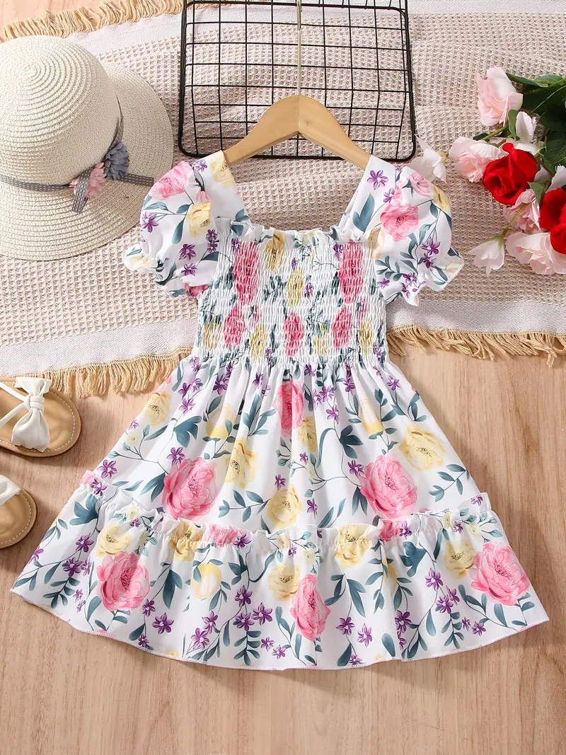 Adorable Girls Floral Puff Sleeve Dress Trendy Wear Party Dress For Baby Girls 1741