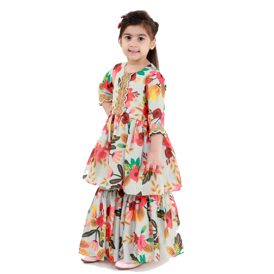 Vibrant Blossom Ensemble: Multicolor Floral Full sleeve tops with Sharara And Matching Dupatta 19012