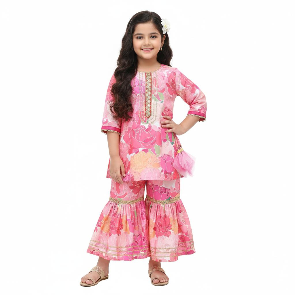 Petal Magic Frock & Bell Bottom Set for Girls – Floral Festive Wear 1909