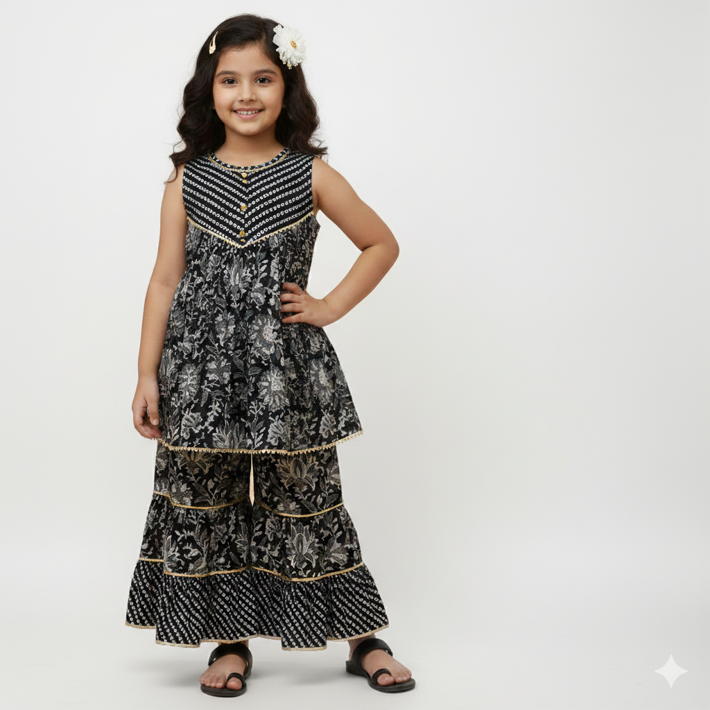 Vibrant Blossom Ensemble: Multicolor Floral Top with Sharara and Gota Lace Dupatta 1905