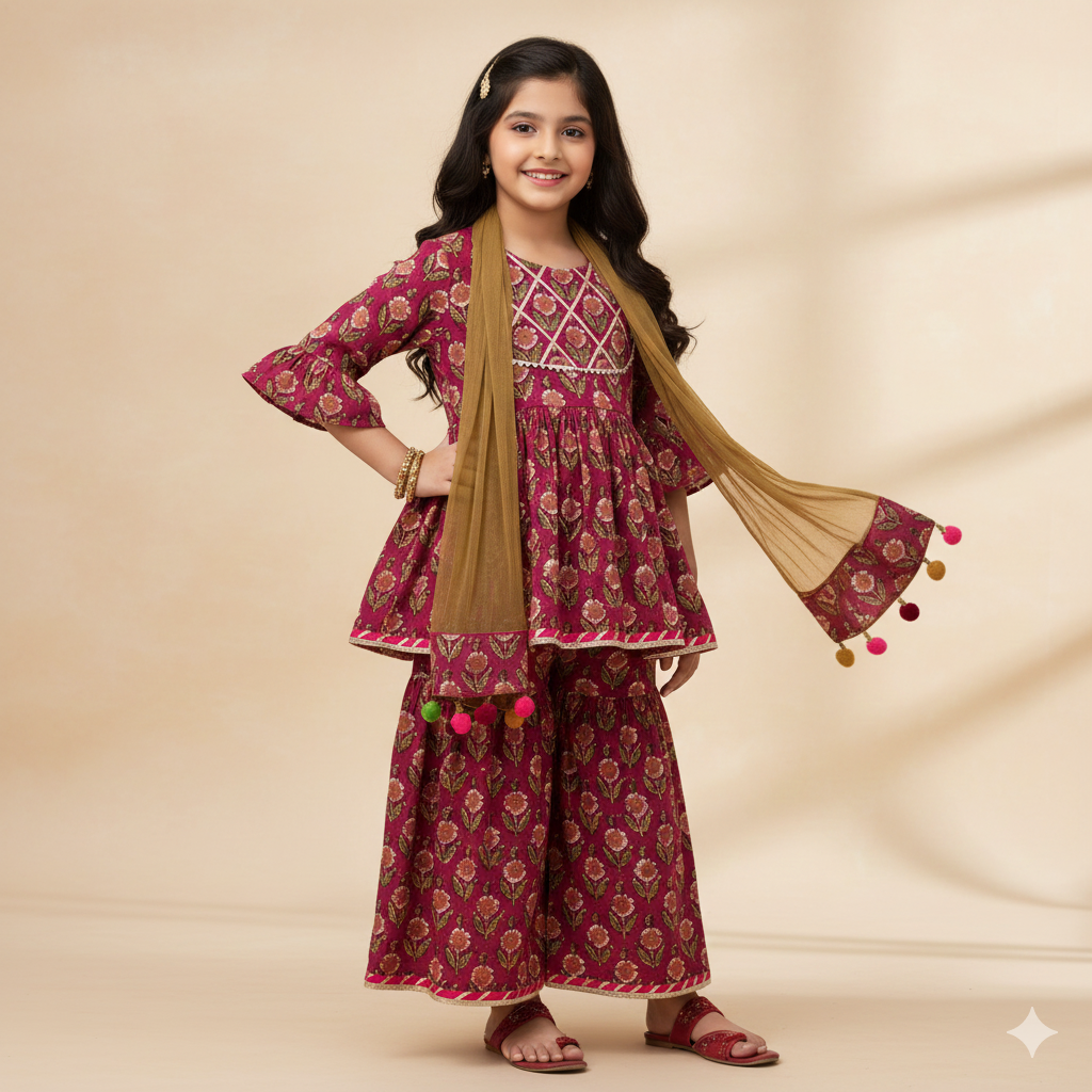 Vibrant Blossom Ensemble: Multicolor Floral Top with Sharara and Gota Lace Dupatta 1906