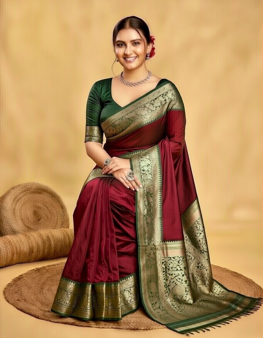 Maroon soft silk blend saree with zari woven 7040