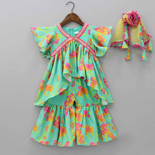 Vibrant Blossom Ensemble: Multicolor Floral Top with Sharara and Gota Lace Dupatta 1904