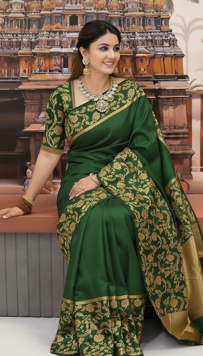 Bottle Green Premium Pure Katan Silk Banarasi Saree (Zari Weaving) with a matching blouse piece 7028