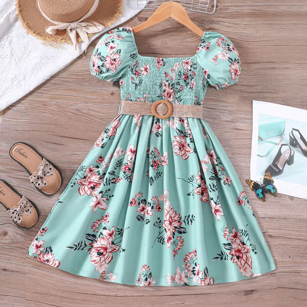 Flower Gown Elegant Floral Fit & Flare Summer Dress for Girls with Belt 1739
