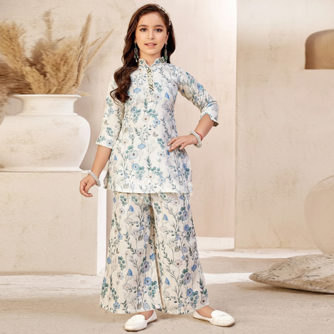 Elegant Girls Floral Kurti & Palazzo Set Stylish Lavender Kids Ethnic Wear_1975