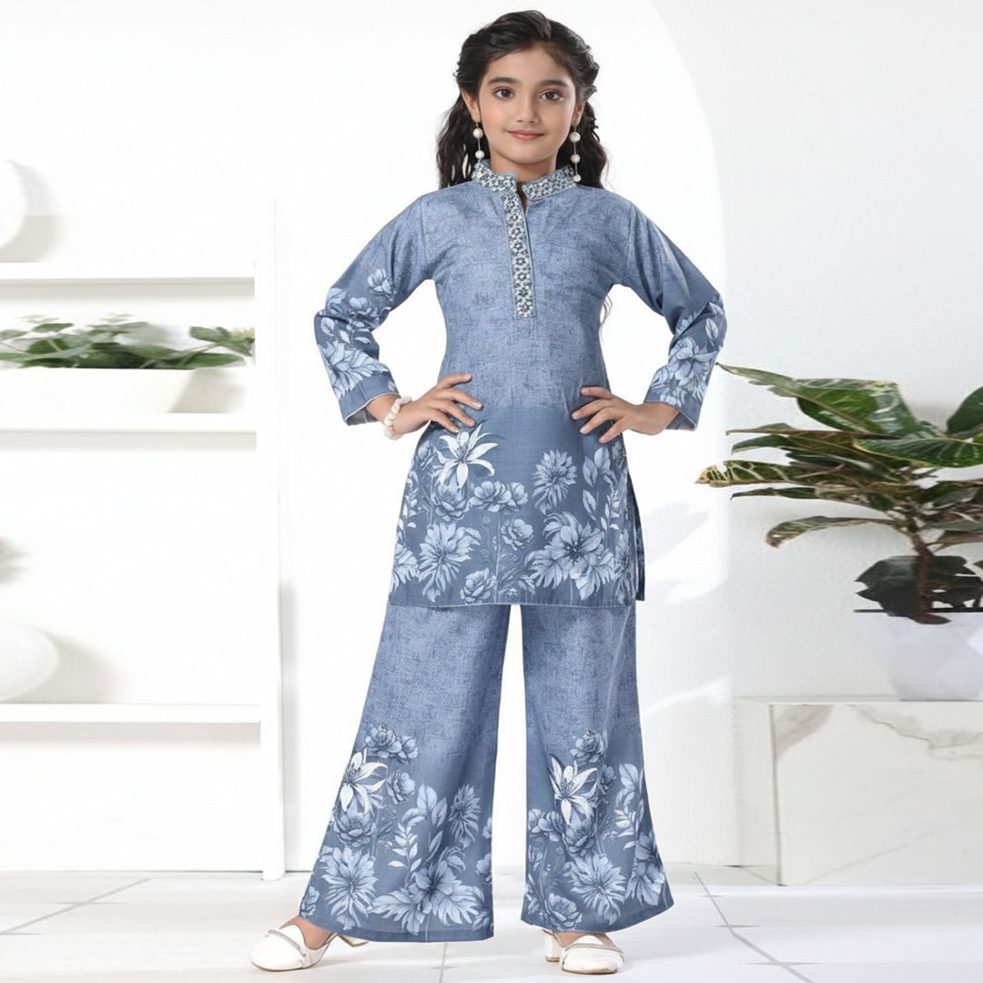 Girls Premium Floral Co-Ord Set Lavender Kurti Palazzo Outfit_ 1972