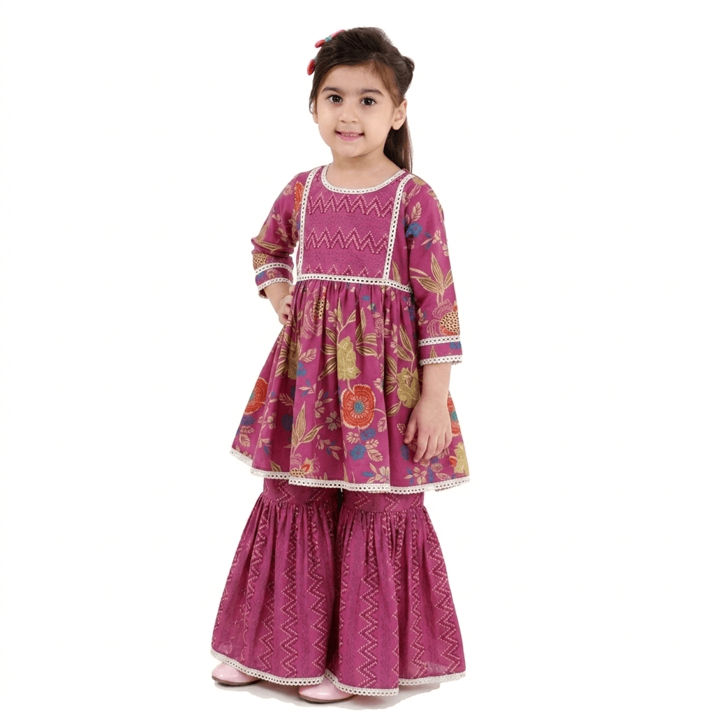 Vibrant Blossom Ensemble: Multicolor Floral Top with Sharara and Gota Lace Dupatta 1903