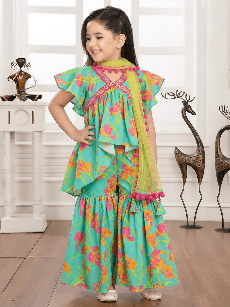 Vibrant Blossom Ensemble: Multicolor Floral Top with Sharara and Gota Lace Dupatta 1904