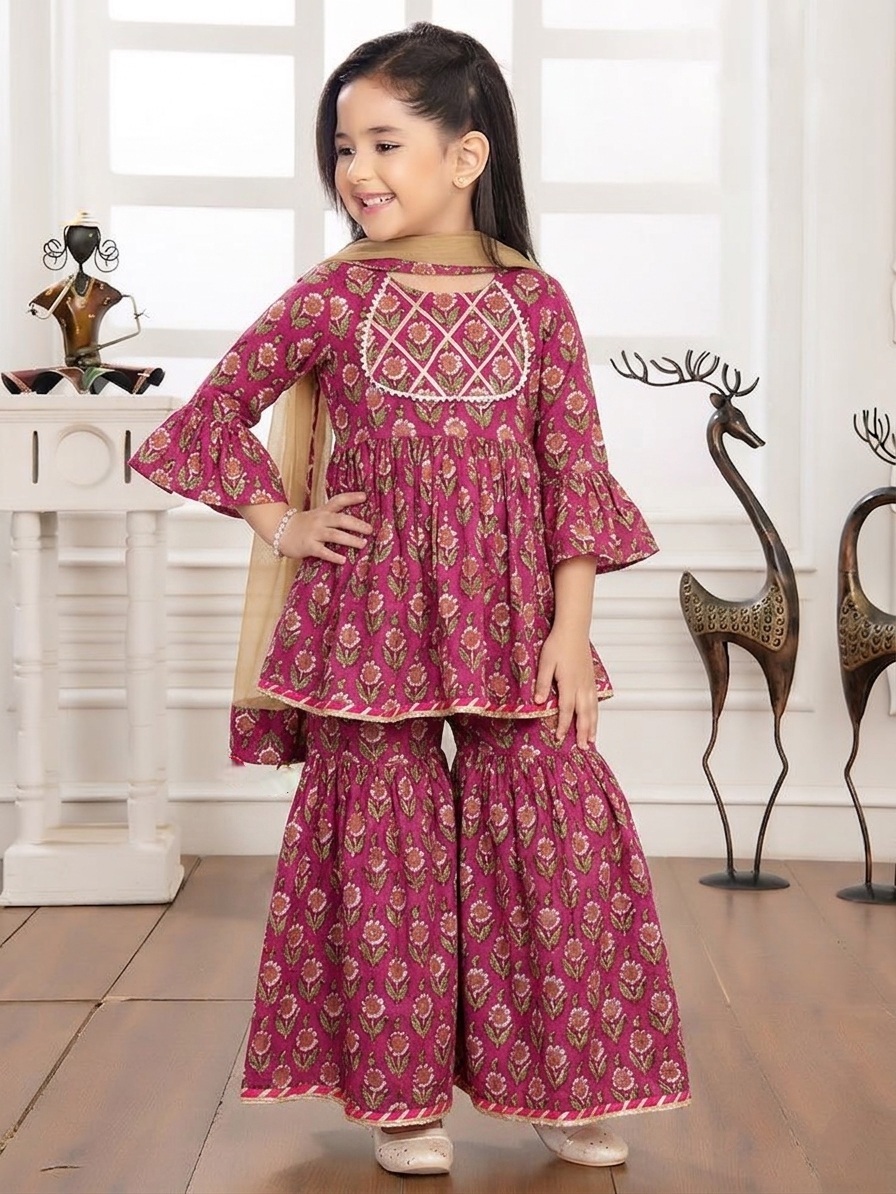 Vibrant Blossom Ensemble: Multicolor Floral Top with Sharara and Gota Lace Dupatta 1806